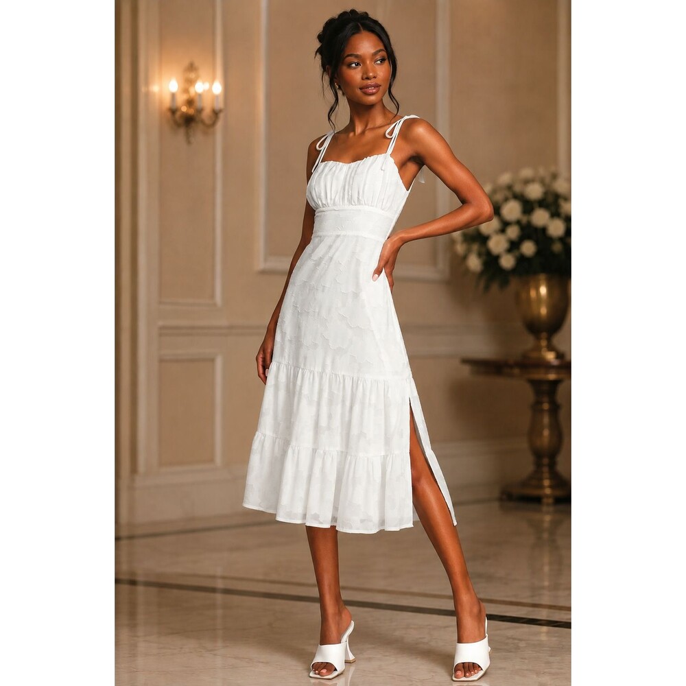 LULUS Sweet Sentiments Jacquard Tiered Midi Dress L White Tie Strap Slit NWT B81 - Picture 1 of 6